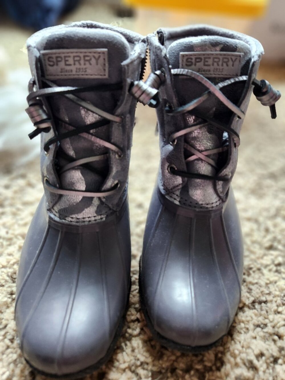 Sperry Gray Camo Duck Boots Womens 6 STS87061 Waterproof